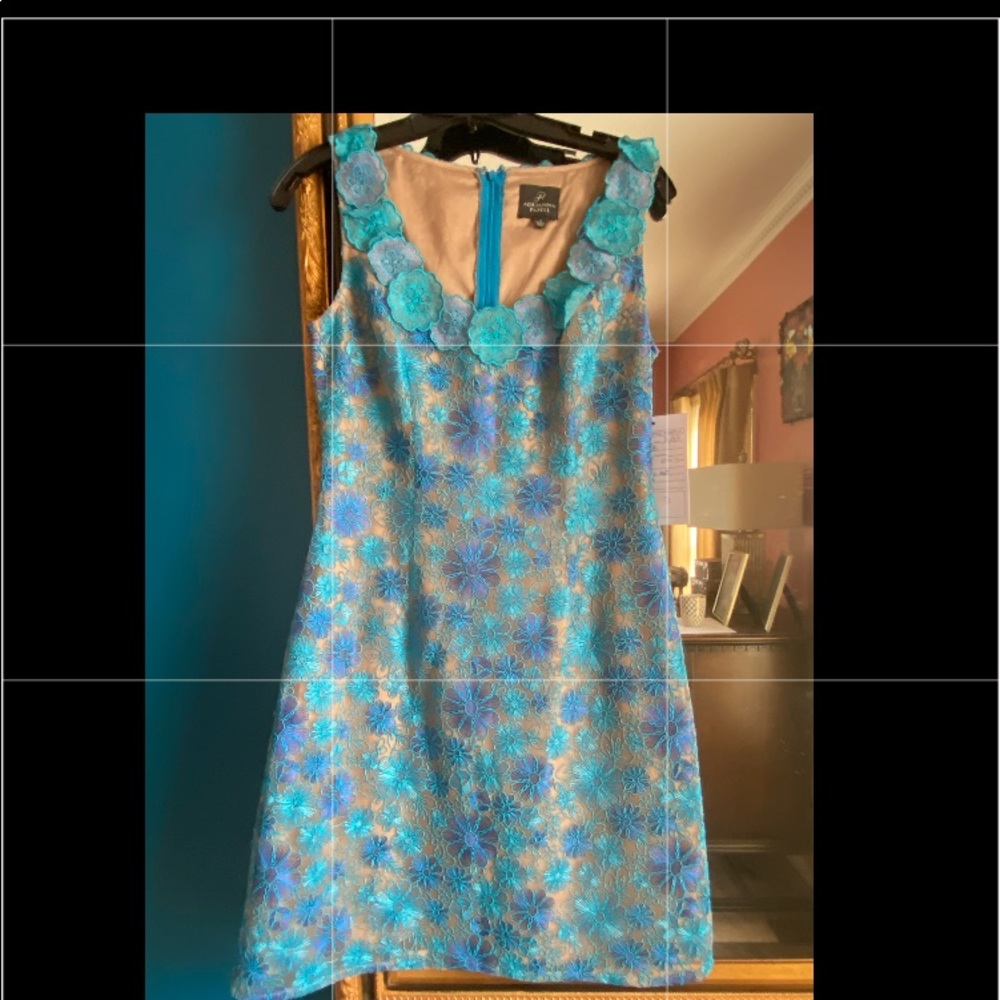 February SALE Adrianna Pappel multi colored blue floral lace dress. Fitted